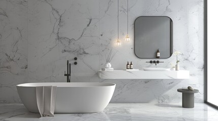 Fototapeta premium Minimalist marble bathroom design with a stylish bathtub, elegant mirror, and contemporary sink for a luxurious look