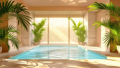 Serene Spa Retreat: Vector Illustration of a Tranquil Swimming Pool Oasis with Lush Palm Trees