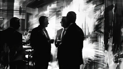 Silhouetted figures conversing in abstract setting.