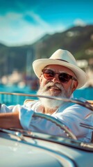 Fototapeta premium Joyful Bearded Senior Embracing Italian Summer Road Trip: Luxurious Convertible Adventure Epitomizing Wealth and Freedom. Exhilarating Vacation Journey Through Scenic Landscapes, Capturing the Essence