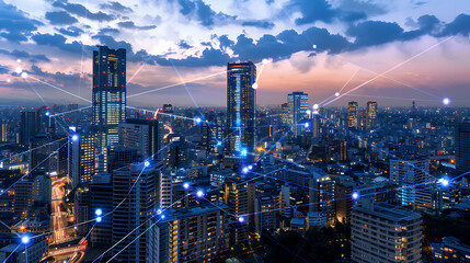 Obraz premium Smart City, wallpaper, the modern technology and intelligent communication networks