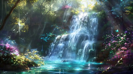 Enchanted waterfall cascading into a pool of shimmering, luminescent water, surrounded by vibrant flora