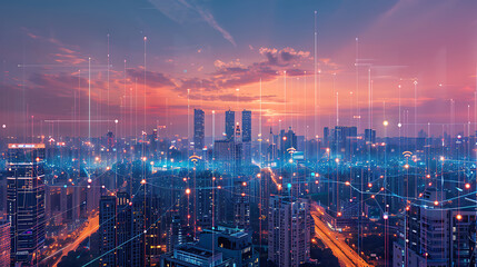 Obraz premium Smart City, wallpaper, the modern technology and intelligent communication networks