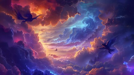 Fototapeta premium Mystical sky filled with fantastical flying creatures and colorful, swirling clouds