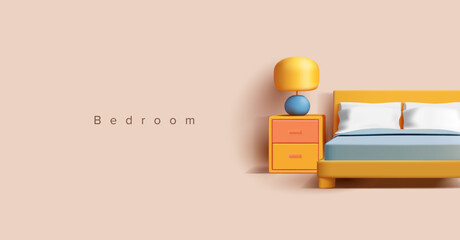 Bedroom, 3D. A bed, a lamp, a nightstand. Modern interior for advertising recreation, and housing rental. Vector