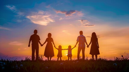Fototapeta premium Silhouette of a family holding hands and forming a chain, creating a powerful symbol of connection and support.