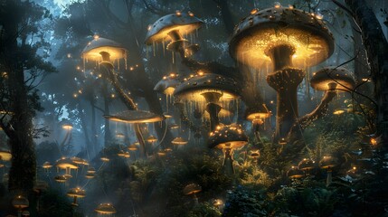 Naklejka premium Dreamlike forest where giant, glowing mushrooms create a magical, ethereal glow