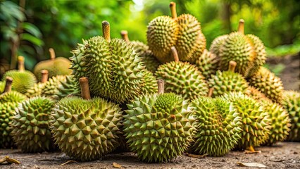 A close-up photo of freshly harvested durians on the ground , tropical fruit, Malaysian, aroma, taste, custard, texture, spiky