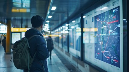 Fototapeta premium High-Tech Interactive Maps and Information Screens in Modern Subway Station for Real-Time Updates