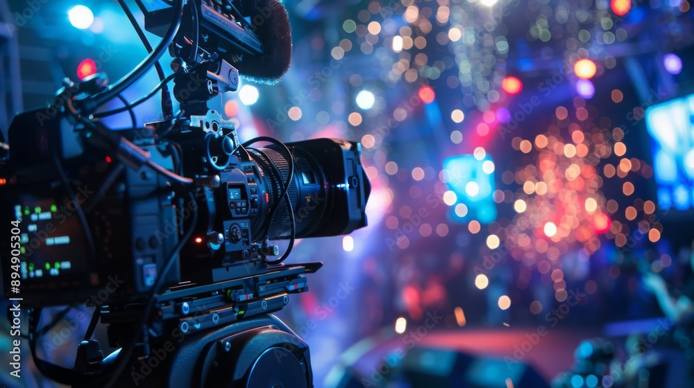 Aufkleber A professional video camera is positioned in front of a stage with a blurred background of a concert with colorful lights.