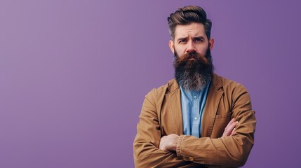 Fototapeta premium a serene bearded man in trendy attire, displaying a calm and confident pose on a purple background, providing room for text or graphic overlay