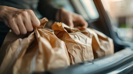 A close-up shot of hands holding multiple brown paper bags placed inside an open car trunk, depicting a moment of grocery shopping or delivery service in progress.