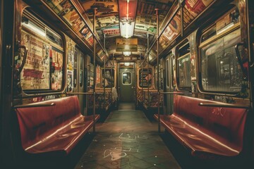 Vintage Subway Train Interior with Worn Seats and Nostalgic Advertisements for Retro Design Projects