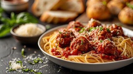 A bowl of delicious spaghetti topped with meatballs in a zesty tomato sauce, garnished with freshly grated cheese and herbs. Perfectly presented and ready to be enjoyed.