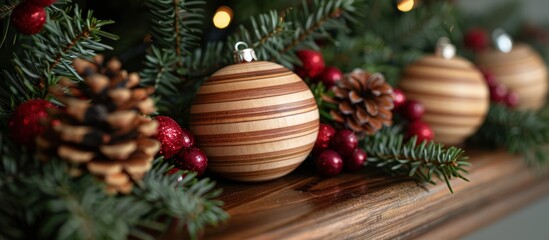 Wooden Christmas Ornaments with Pine Needles and Berries