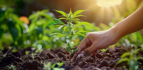 Fototapeta premium She is growing a CBD herb plantation in the soil of her green garden on a sunny sunny day