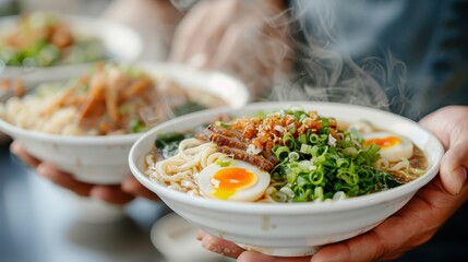 Close-up shot of a ramen bowl featuring soft-boiled eggs and finely chopped green onions, with steam rising to indicate freshness and heat, perfect for stock image use.