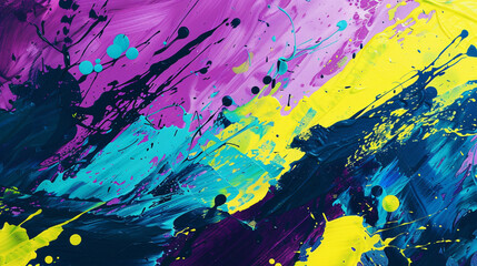 Modern abstract background with bold splashes of violet, neon yellow, and aqua paint, creating a high-contrast and vibrant composition