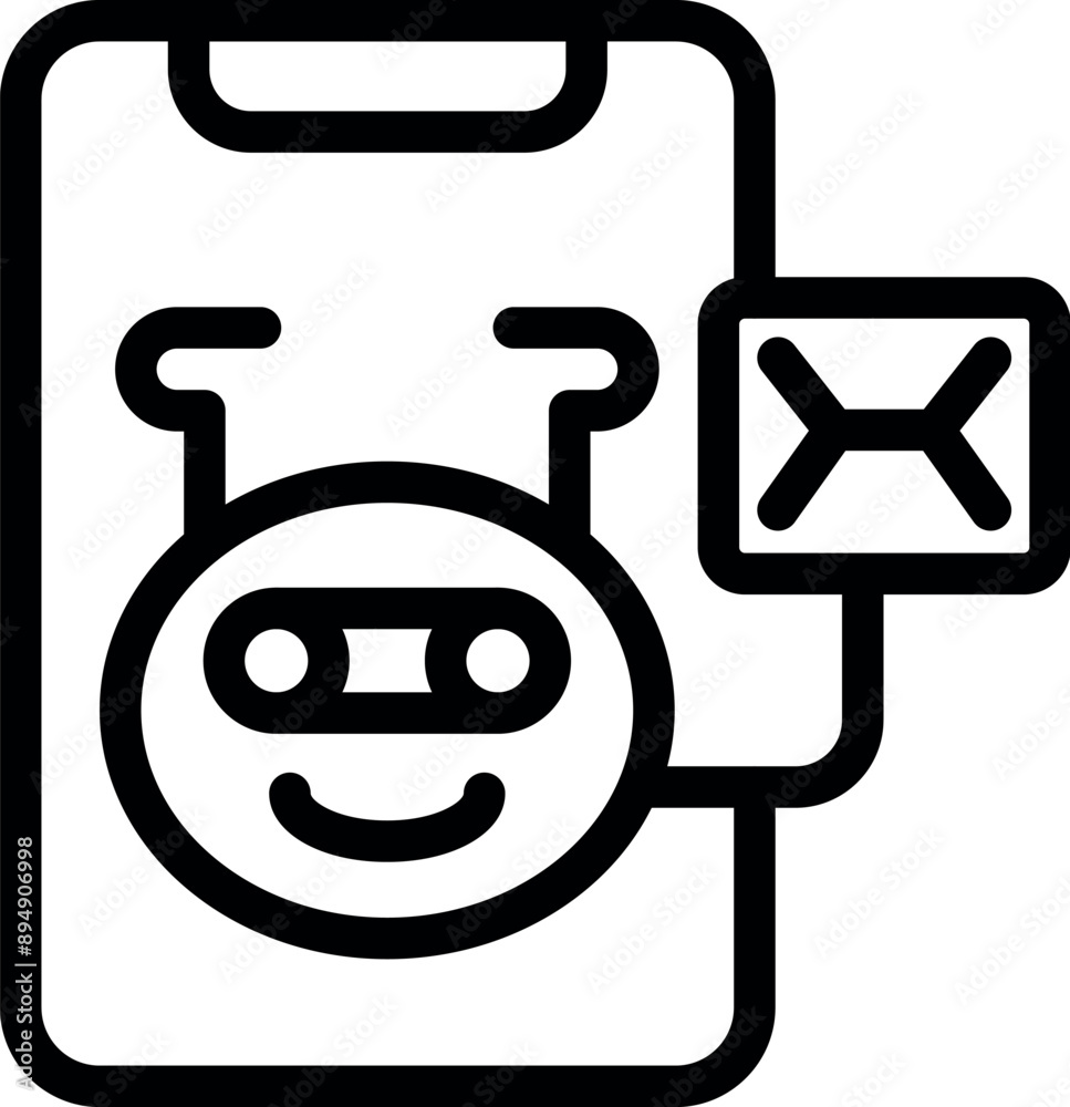 Poster line art icon of a chatbot smiling and showing a new message notification on a smartphone, represent