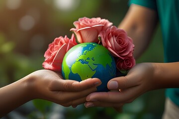 earth day or world environment day concept save our planet restore and protect green nature sustainable lifestyle and climate literacy theme blooming rose flower garden and globe in hand 22 april Gene