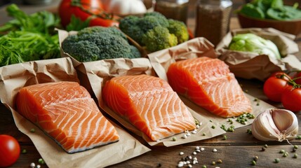 Fresh salmon fillets and vegetables