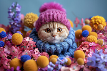 photo d'un chat portant un bonnet au milieu de fleurs, chaton mignon et adorable, animal de compagnie