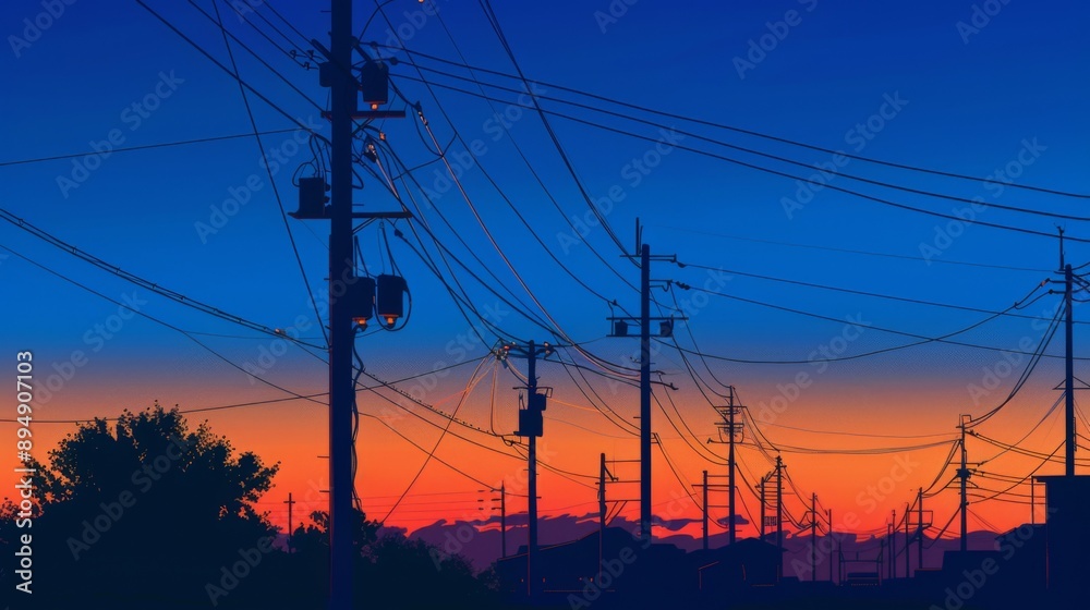 Poster silhouette of power lines and utility poles at dusk, with the sky transitioning from blue to orange.