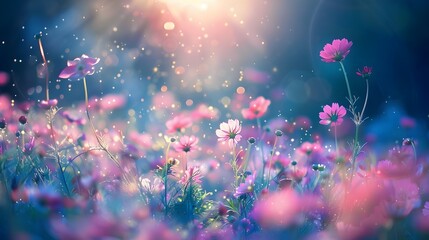 Enchanted meadow where vibrant, magical flowers bloom under a radiant, starry sky