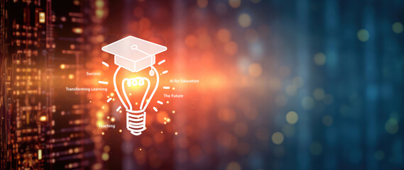 E-learning and Ai for education concept, light bulb with graduation hat on inspiration background, and wording about online education and training to develop new skills and knowledge.