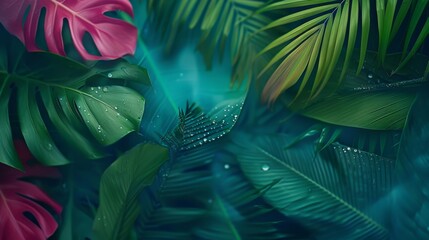 Obraz premium Tropical Rainforest Foliage with Dew Drops - Lush Greenery and Exotic Botany.