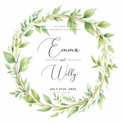 Watercolor green leaves wreath with gold circle