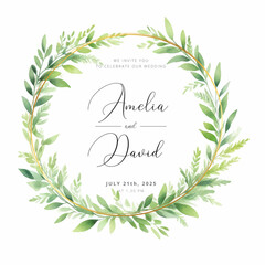 Watercolor green leaves wreath with gold circle