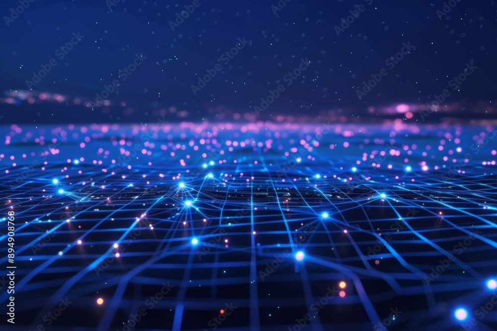 Poster inventive technology background with cyber network grids and particles. artificial neurons, global d