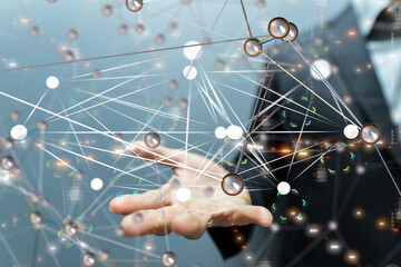 abstract lines with dots over dark background.