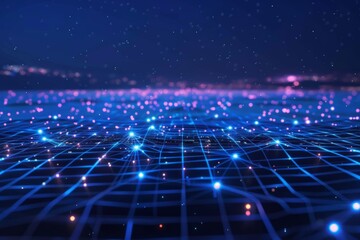 Obraz premium Inventive technology background with cyber network grids and particles. Artificial neurons, global data connections.