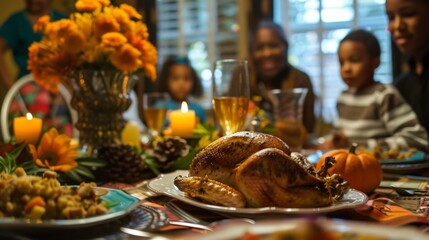 Fototapeta premium Happy Thanksgiving day. Family dinner background illustration generated by ai