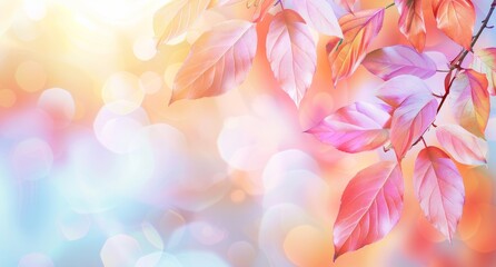 An abstract autumn nature background with golden leaves on a branch, glowing sun and warm colors of the season