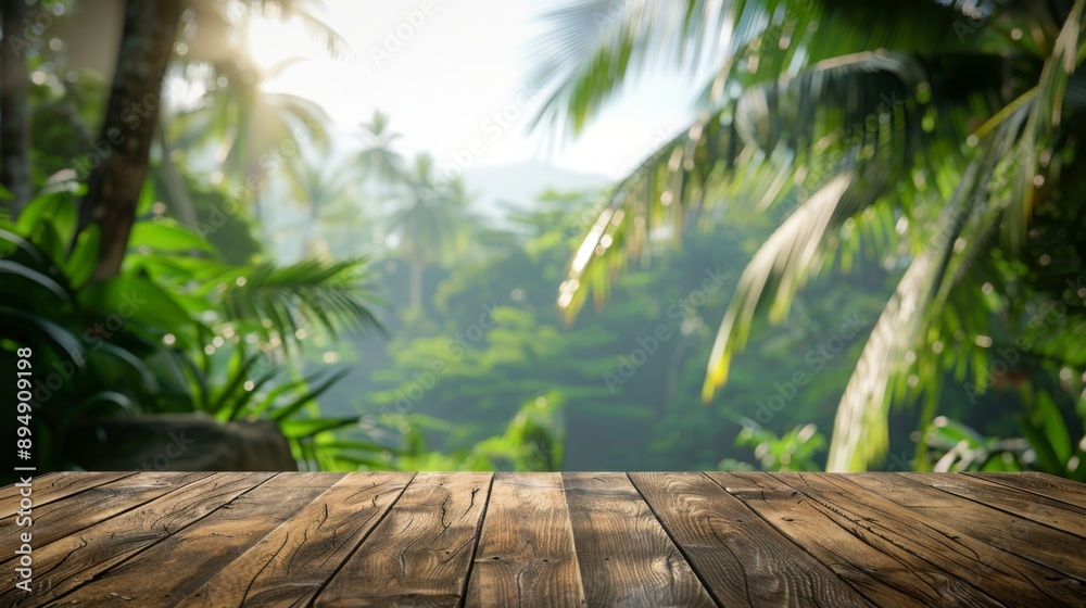 Poster a wooden plank table sits in front of a lush, green tropical forest background. sunlight streams thr