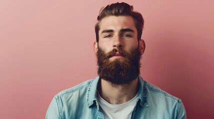 Obraz premium a stylish bearded man in casual attire, posing confidently against a soft pink background, radiating charm and suitable for highlighting text or graphic elements