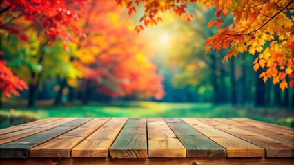 Wooden Tabletop with Autumn Forest Background.