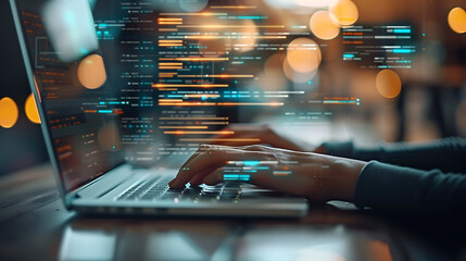 Close-up of hands typing on laptop with code lines and data visualizations floating in the background, representing software development or coding work at night office