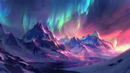 Ethereal mountain range with glowing, colorful auroras dancing across the sky