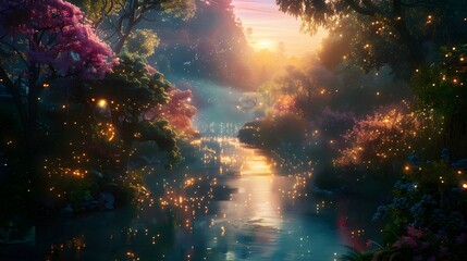 Obraz premium Mystical river winding through a dreamlike landscape of glowing flora and ethereal light