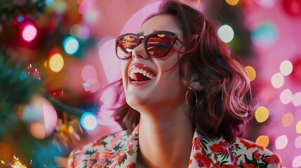 a stylish girl in sunglasses, laughing and smiling, against a holiday-themed pink background, exuding happiness and glamour in a vibrant setting.