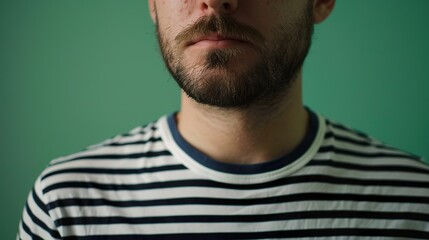 Fototapeta premium a stylish guy wearing a striped shirt against a green backdrop, ideal for adding text or branding elements