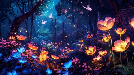 Enchanted garden with vibrant, glowing flowers and whimsical, magical creatures