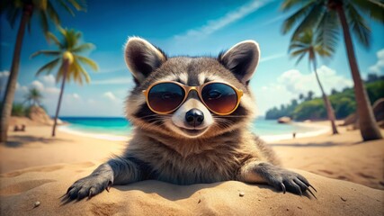 Cool Raccoon on Tropical Beach.