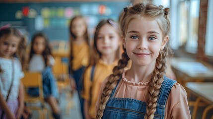 Fototapeta premium Smiling caucasian schoolgirl in school uniform with blue eyes and long pigtails. Education, school, learning concept. Blurred schoolchildren in classroom. Back to school.