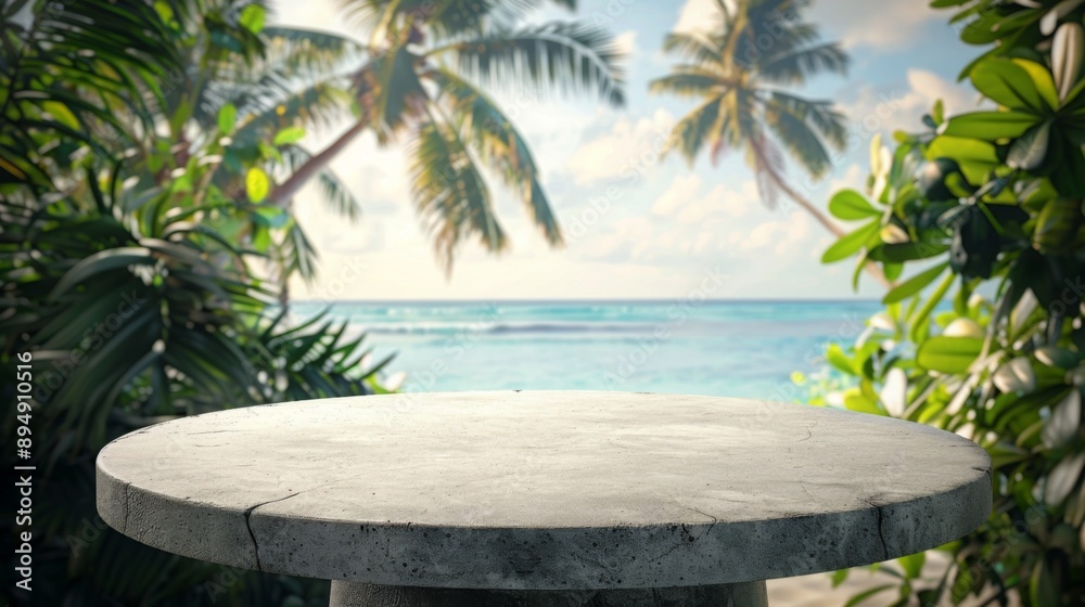 Aufkleber a round stone table top with a blurred background featuring palm trees and a tropical beach.