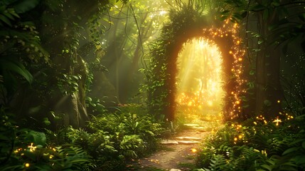 Fototapeta premium Mystical forest path leading to a radiant, glowing portal surrounded by luminescent plants
